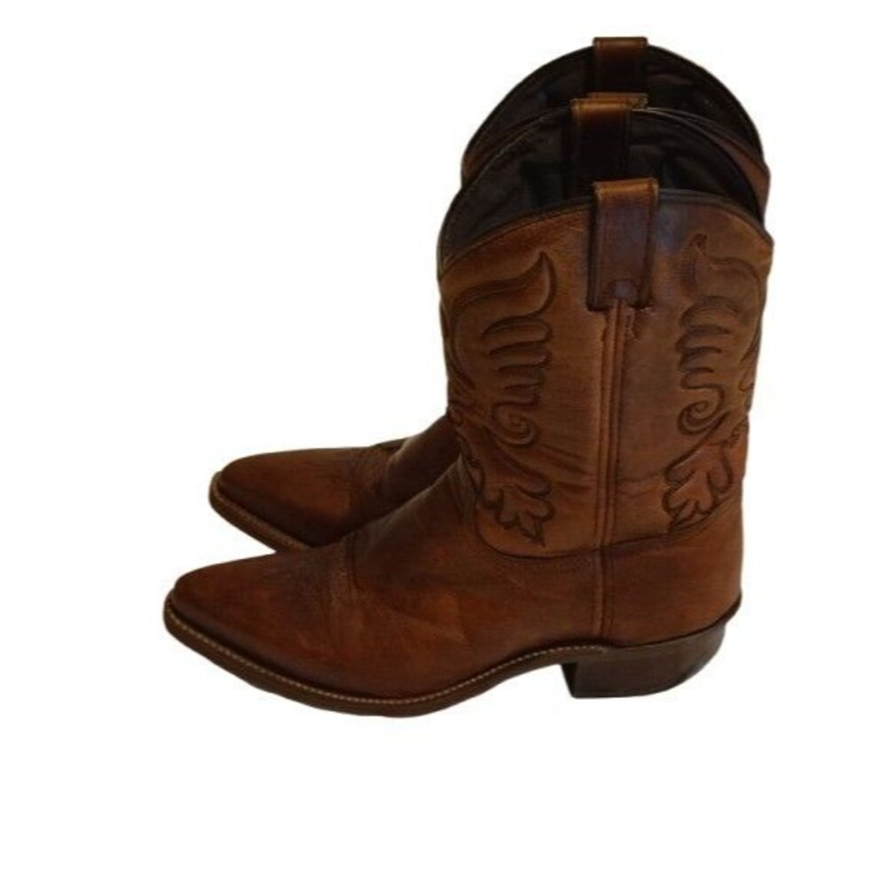 Vintage Western Leather Cowboy Boots Mens Brown Pointed Toe Shaft Stitching ~7 - Picture 2 of 8